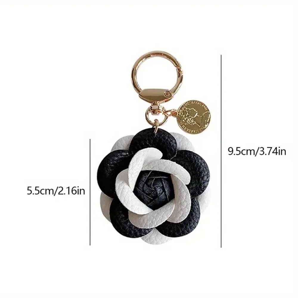 Handmade Black & White Camellia Leather Flower Keychain w Gold Coin Charm - Picture 7 of 7